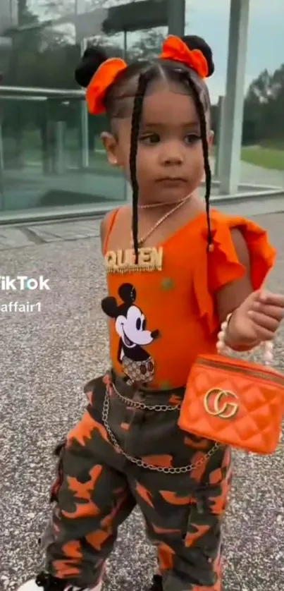 Stylish child in orange outfit with playful accessories.