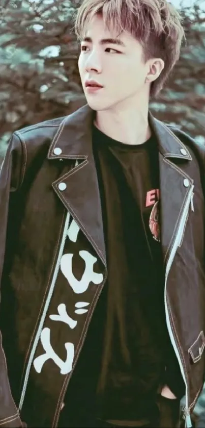 Young man in leather jacket with leafy background.