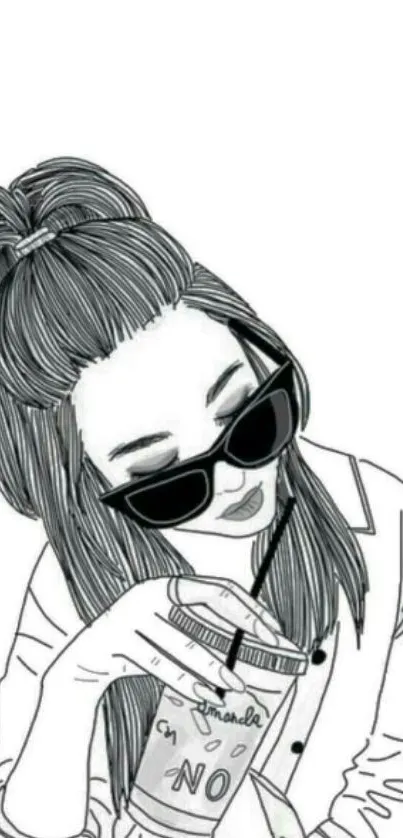 Minimalistic line art wallpaper of a woman with sunglasses.