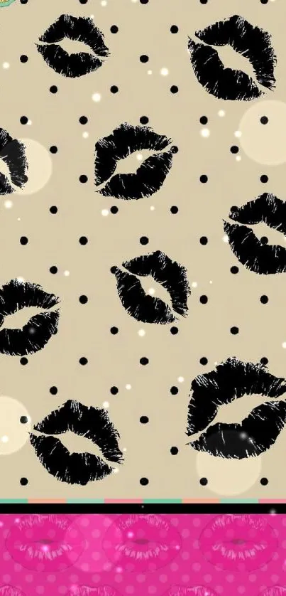 Stylish wallpaper with black lip prints on beige.