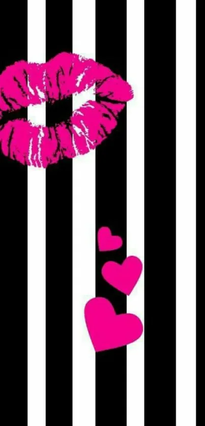 Pink lips and hearts on striped wallpaper background.