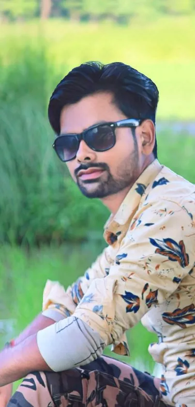 Man in a floral shirt and sunglasses sits outdoors.