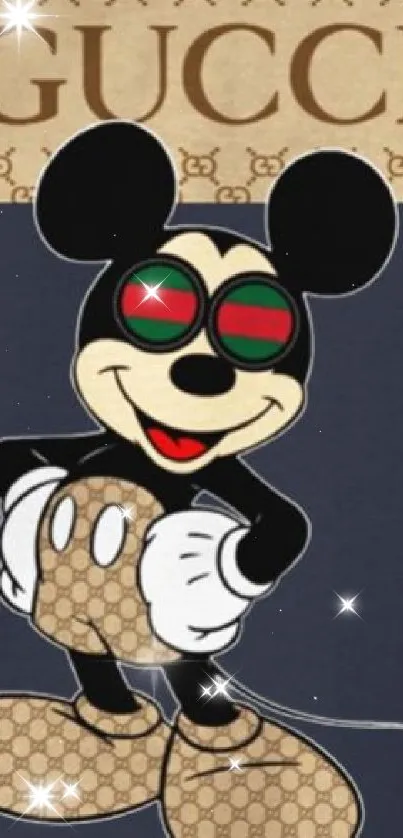 Mickey Mouse with Gucci design on dark blue background.