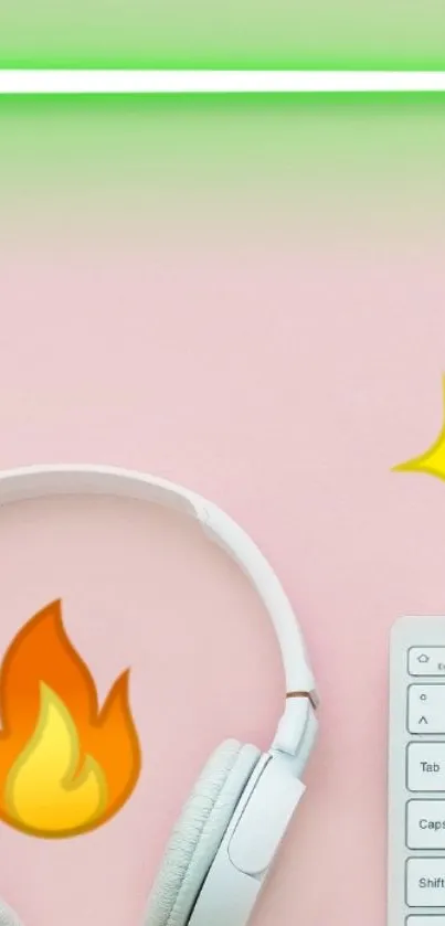 Minimalist wallpaper with pink, headphones, keyboard, and emojis.