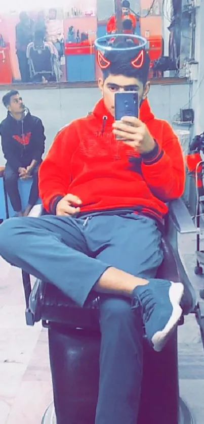 Mirror selfie in a barbershop with red hoodie and neon effects.