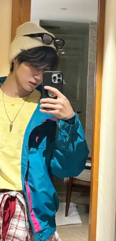 Stylish young person taking a mirror selfie in colorful attire.