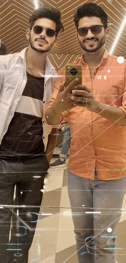 Trendy mirror selfie with stylish duo in modern setting.