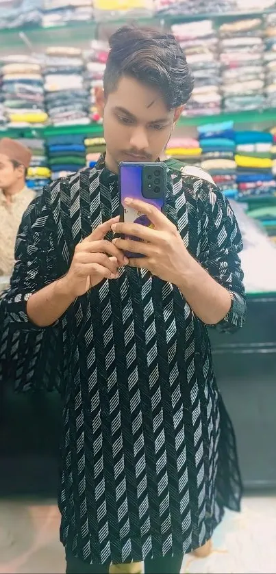 Mirror selfie with stylish patterned outfit in boutique.