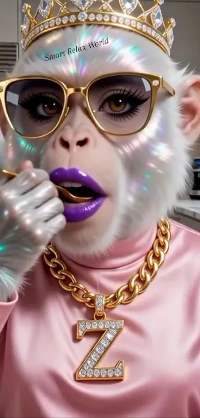 Monkey with crown, sunglasses, pink outfit.