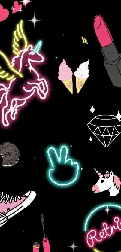 Neon unicorn and icons on black wallpaper.