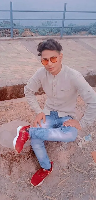 Man in stylish casual outfit with red shoes and orange sunglasses outdoors.