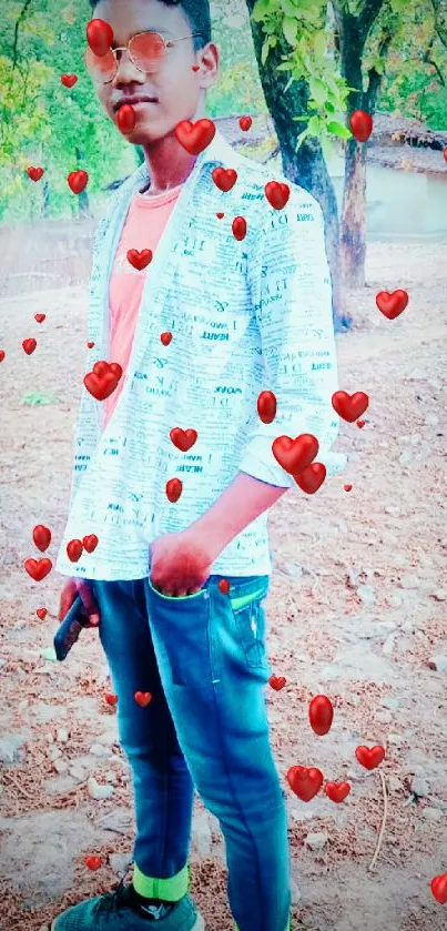 Young man in stylish attire posing outdoors with natural background.