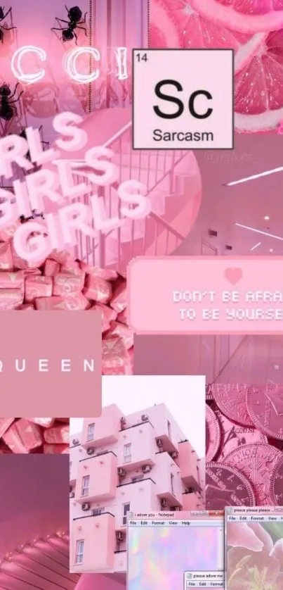 Pink aesthetic collage wallpaper with motivational words.