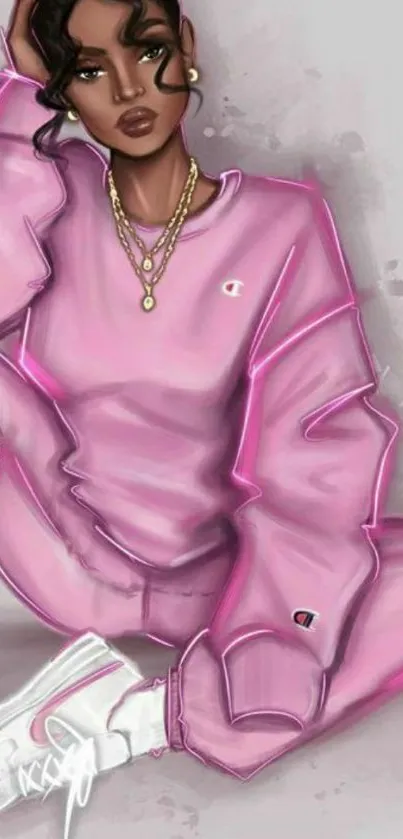 Stylish woman in pink sweatshirt and pants, artistic illustration wallpaper.