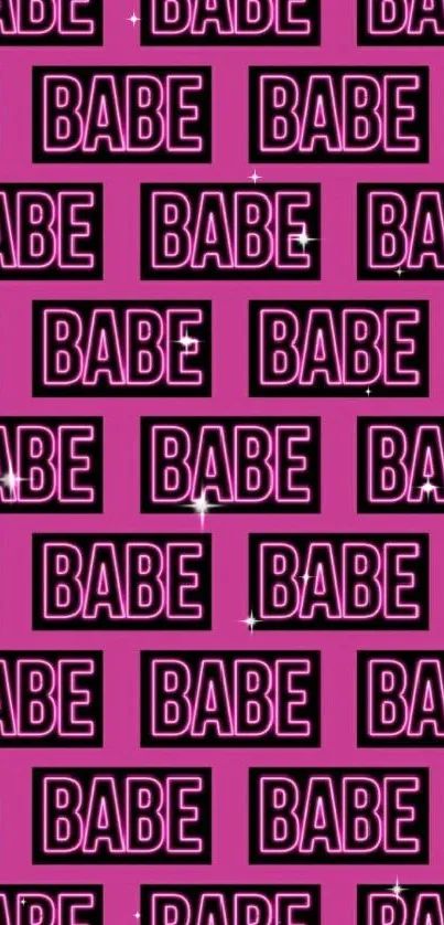 Bold pink wallpaper with 'Babe' text pattern.