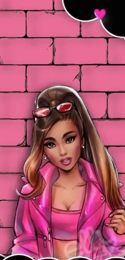 Cartoon girl in pink outfit with a stylish pink brick wall background.