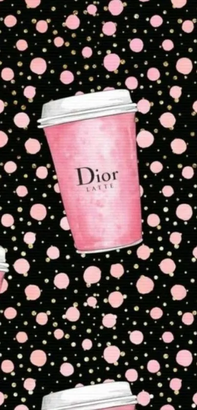 Pink coffee cups with polka dots on a black background wallpaper.