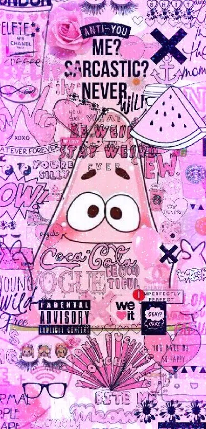 Trendy pink doodle wallpaper with whimsical designs and cute elements.