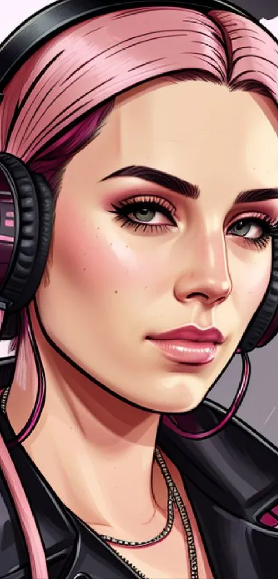 Stylish woman with pink headphones art wallpaper.