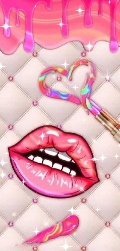 Glossy pink lips with artistic drips on mobile wallpaper.