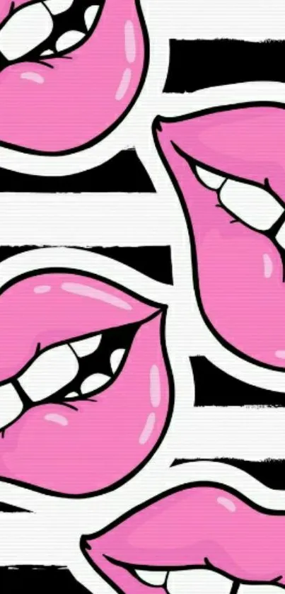 Vibrant pink lips with black and white stripes wallpaper.