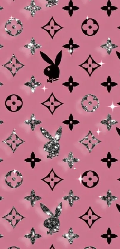 Pink wallpaper with black and silver patterns for a stylish phone background.