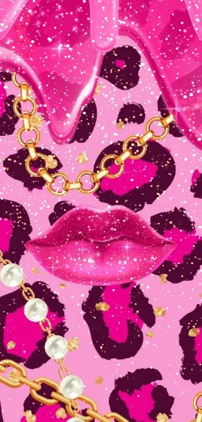 Glam pink wallpaper with leopard print and gold chains.