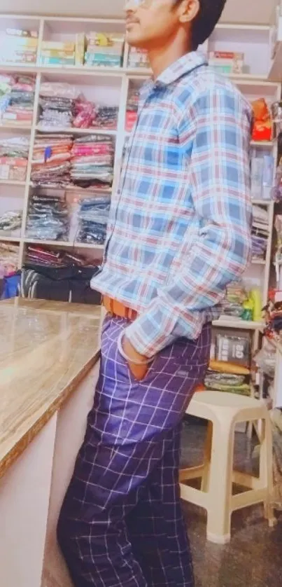 Man in plaid outfit standing in shop with shelves.