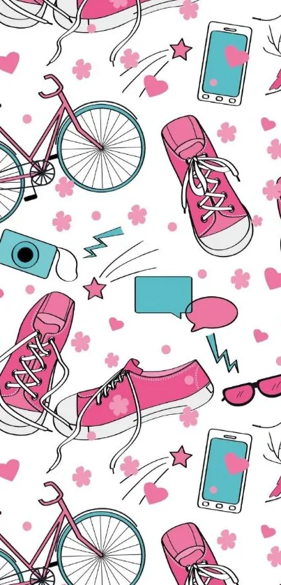 Vibrant pop art wallpaper with sneakers, bicycles, and tech elements in pink and blue.