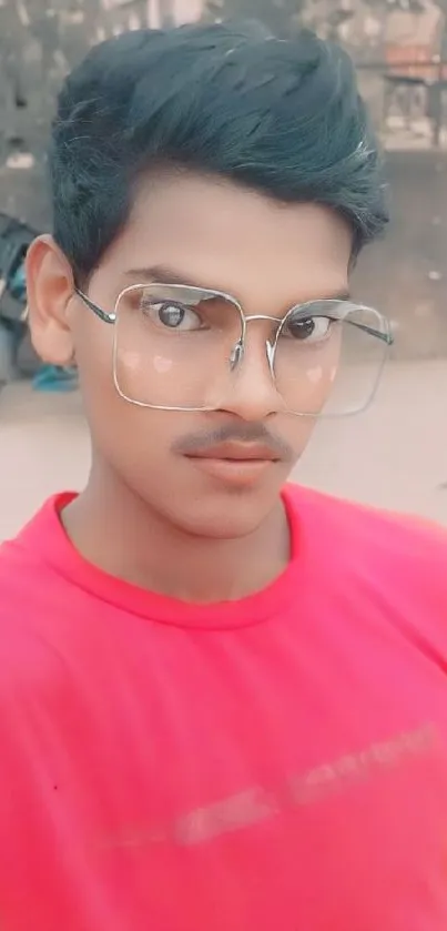 Young man in red shirt with large glasses posing stylishly.