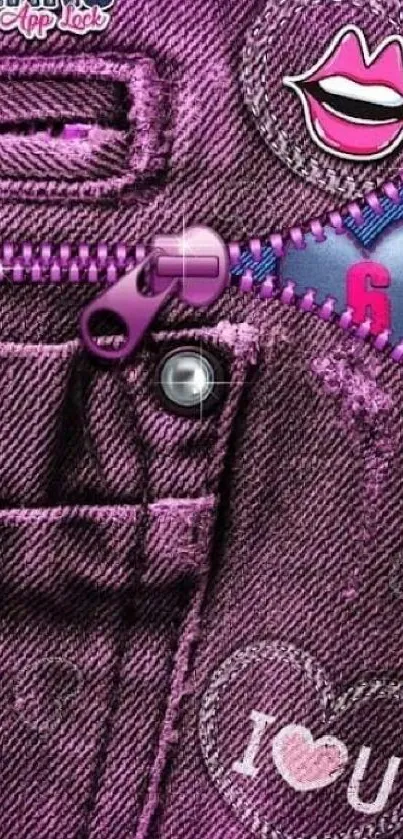 Vibrant purple denim art with zipper and pop design elements.