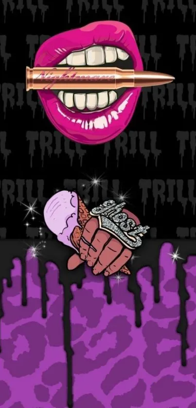 Trendy wallpaper with purple, graphic lips and ice cream.