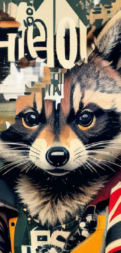 Trendy raccoon collage in urban style with colorful design elements.