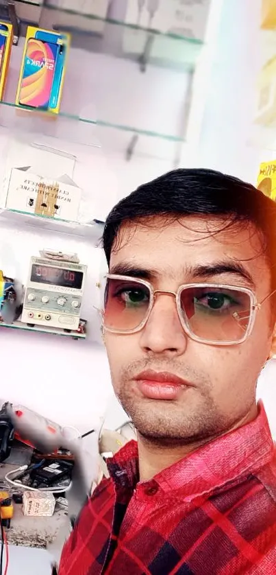 Young man in red plaid and sunglasses with a tech background.