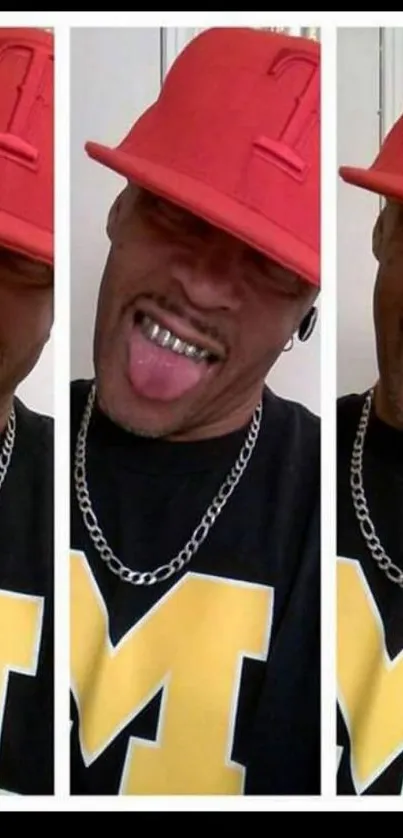 Collage of a person in a red hat and gold chain with vibrant expression.