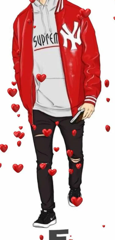 Illustrated character in red jacket with heart accents on white background.