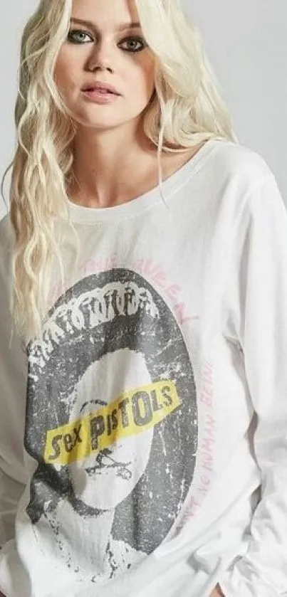 Trendy woman wearing a retro graphic tee.