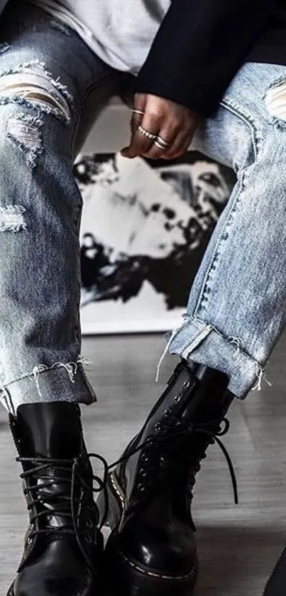 Ripped jeans and leather boots wallpaper.