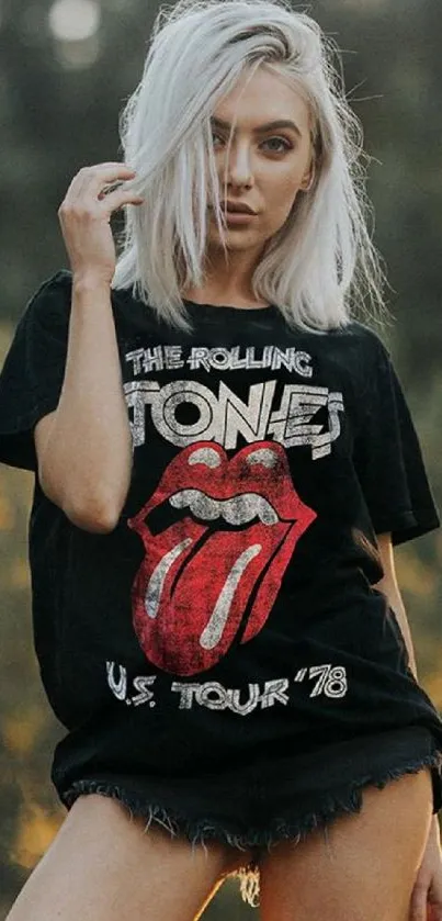 Fashionable woman in rock band t-shirt on mobile wallpaper.