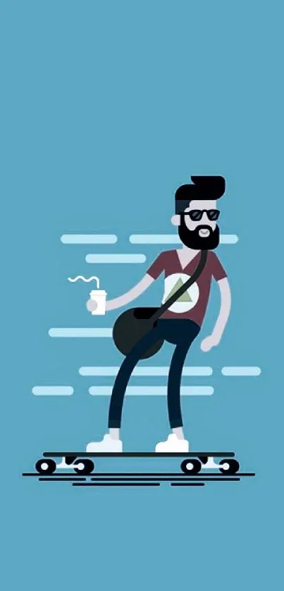 Cartoon skater with coffee cup on blue background wallpaper.