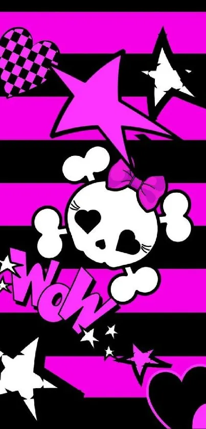 Pink and black skull wallpaper with stars and hearts.