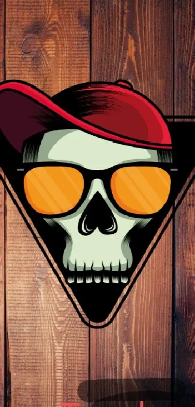 Edgy skull with glasses on a wooden backdrop.