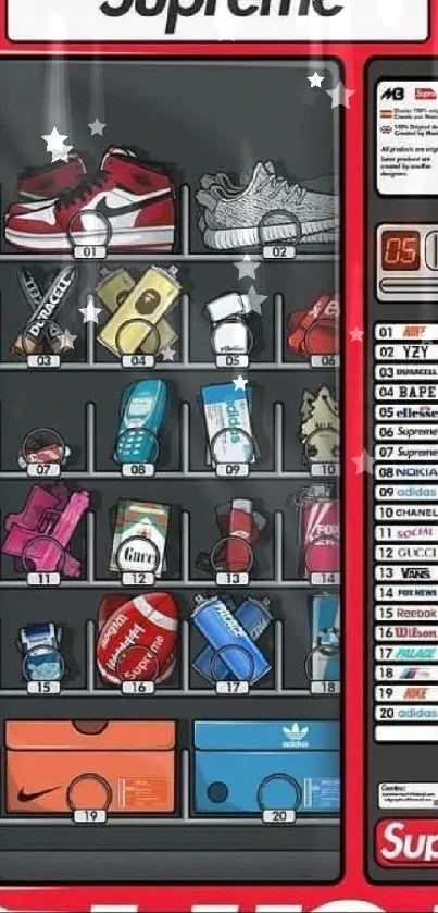 Sneaker vending machine wallpaper with streetwear brands.