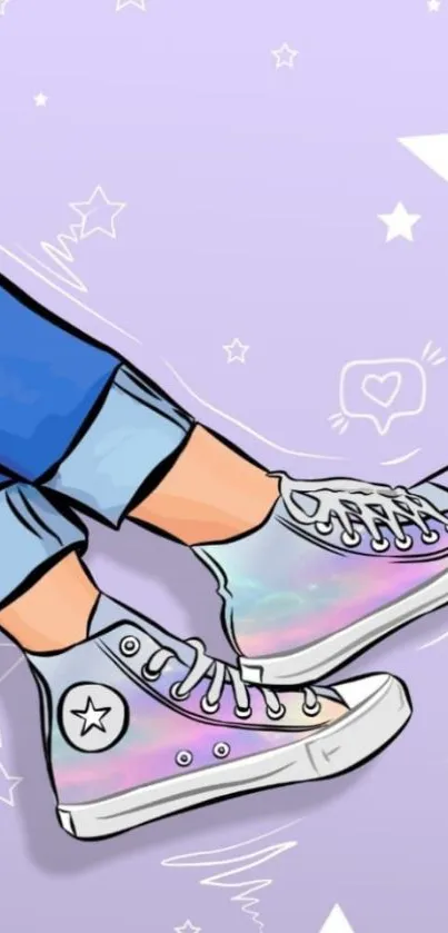 Cartoon sneakers on pastel lavender background.