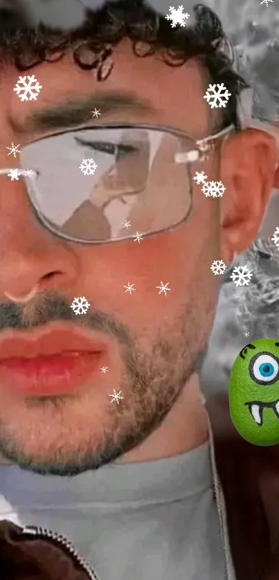 Snowflake-themed wallpaper with stylish glasses and playful lime monster.