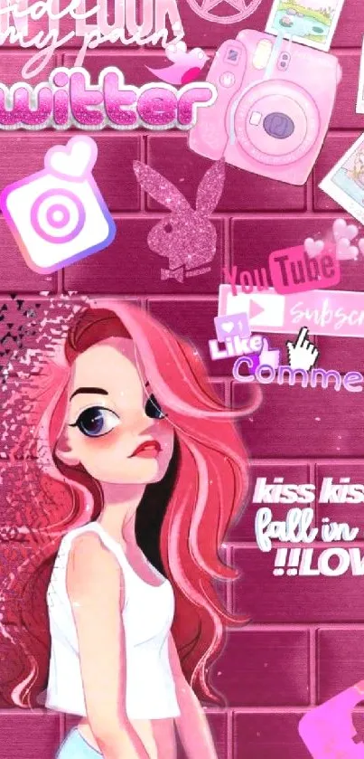 Trendy pink wallpaper with social media icons and cartoon girl.