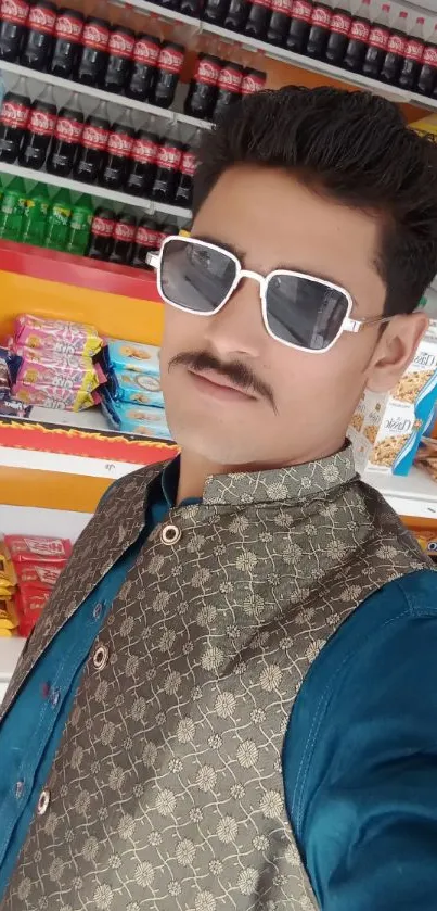 Man in sunglasses takes a trendy selfie in a vibrant store setting.