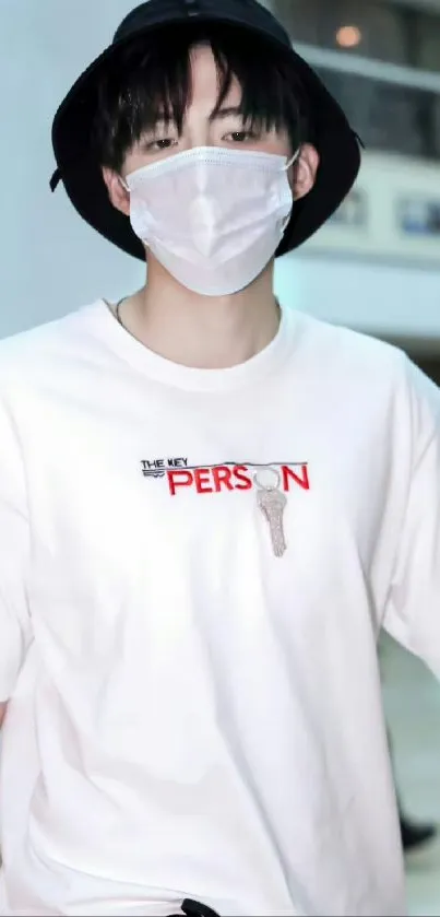 Person in white T-shirt and black hat with face mask, trendy streetwear style.