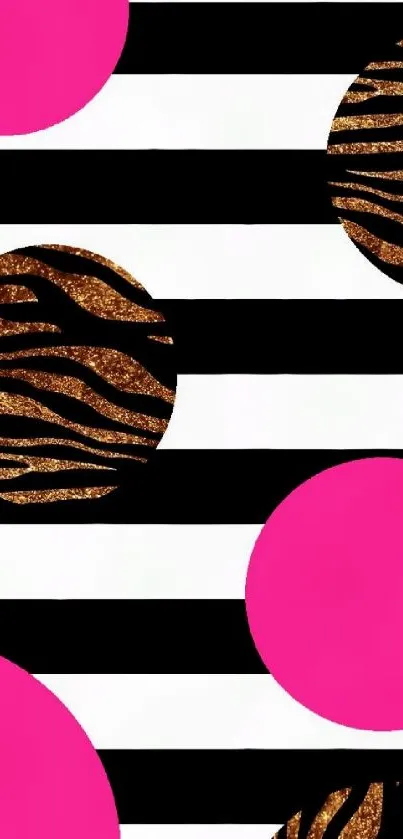 Bold wallpaper with stripes, pink and zebra pattern circles.