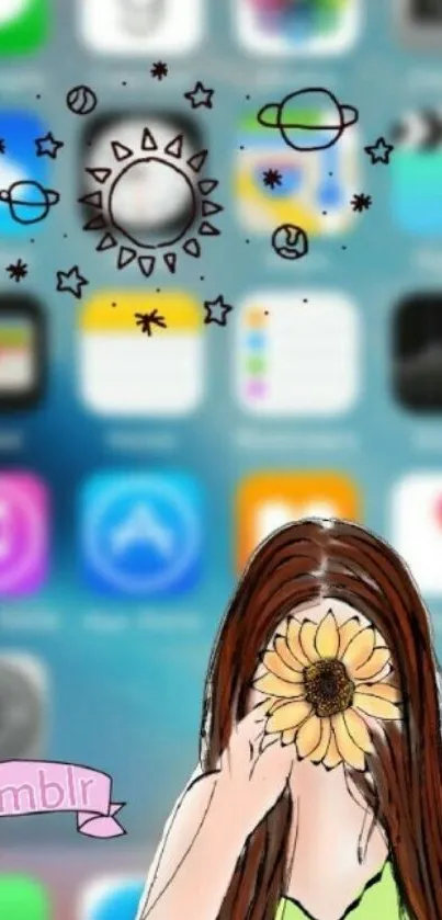 Artistic sunflower illustration on phone wallpaper with app icons.